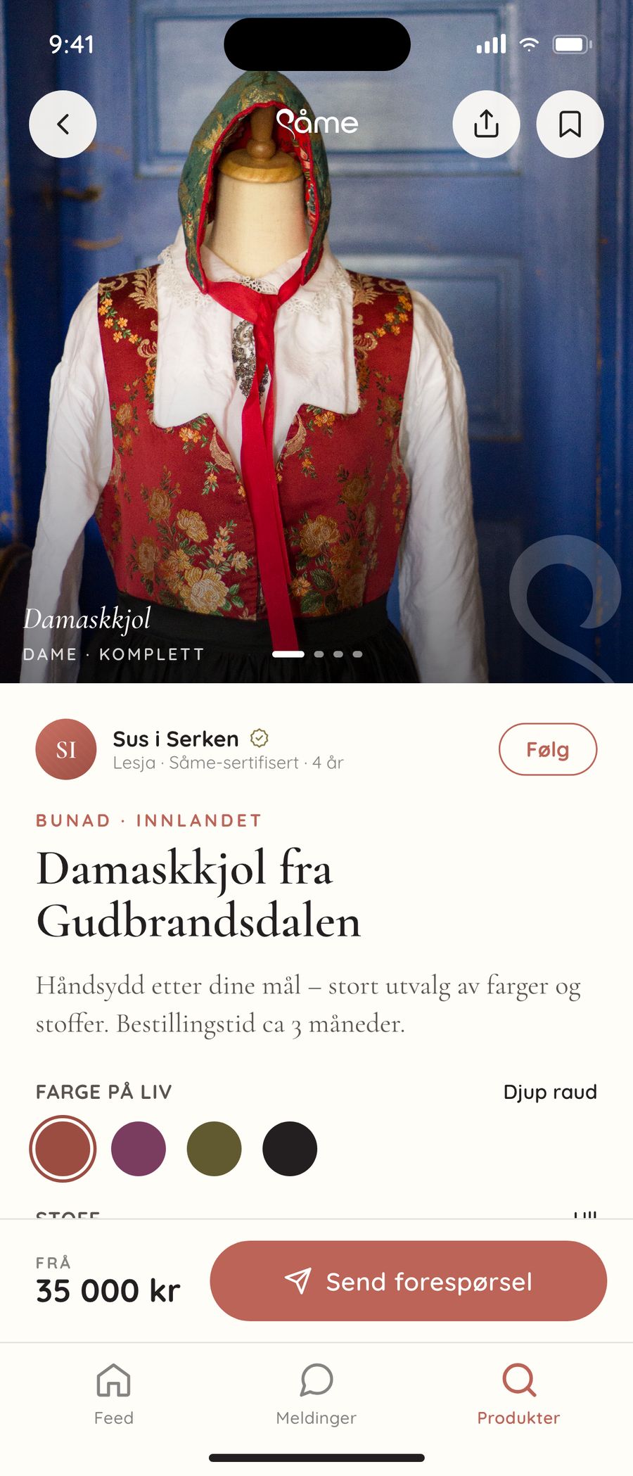 Skjermbilde frå Såme-appen: produktside for ein Vossabunad med makerprofil, pris og knappen «Send forespørsel».