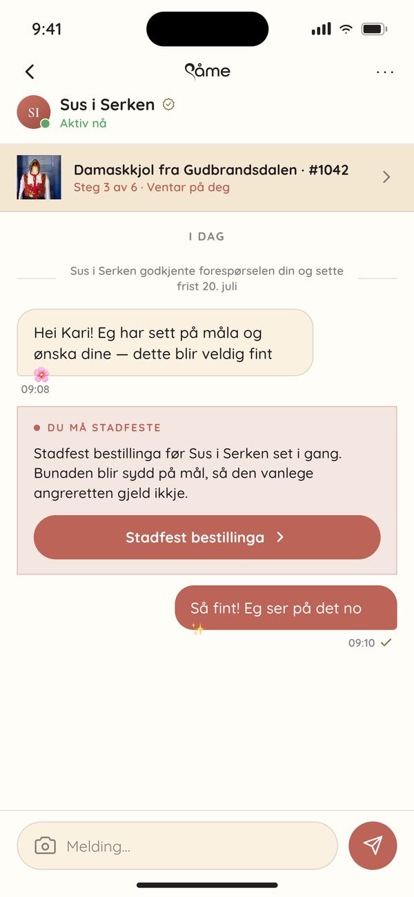 Skjermbilde frå Såme-appen: ein samtale mellom kunde og makar.